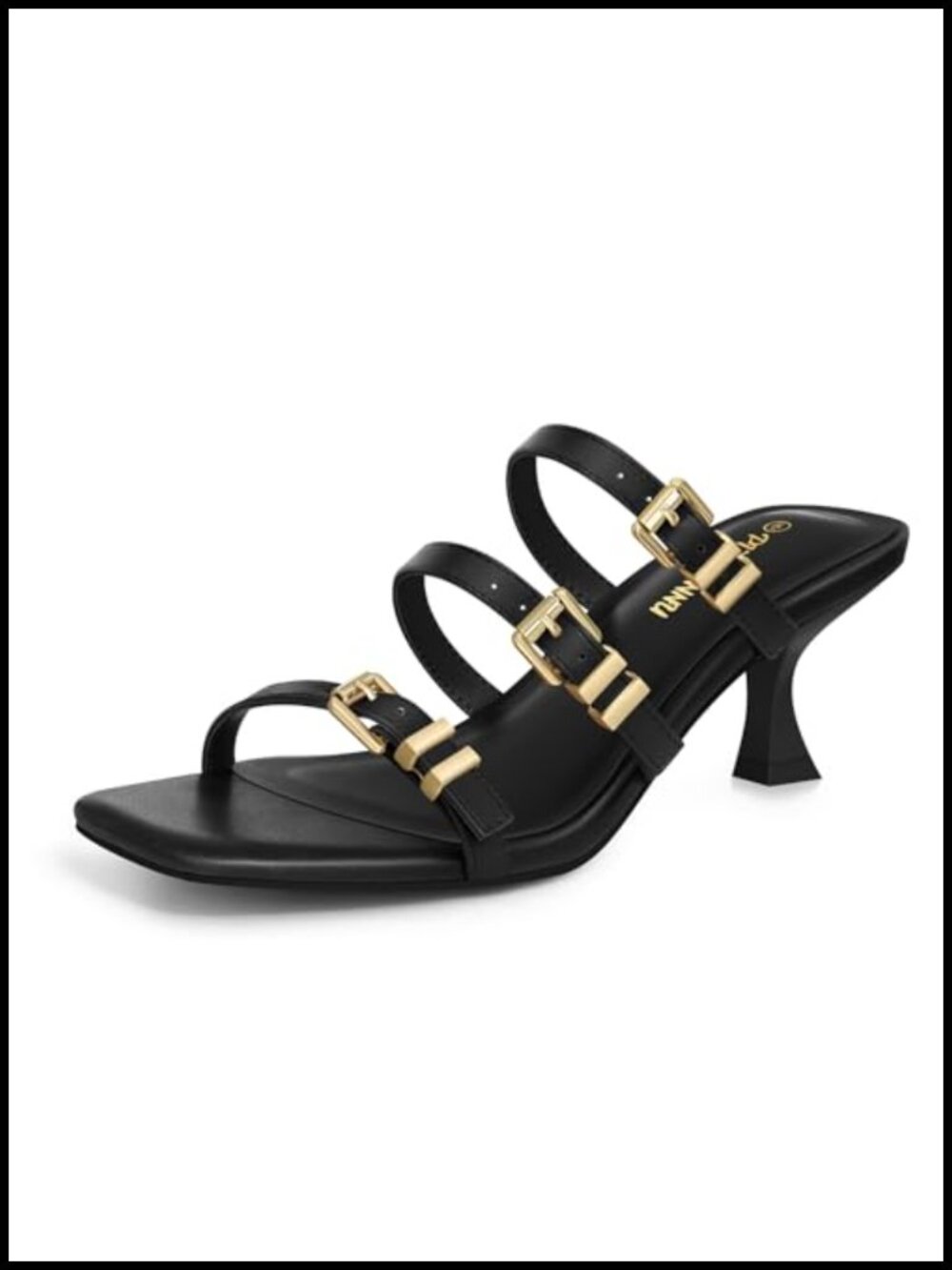 Kitten Heels Sandals Square Open Toe Slip-On Mules Three Buckle Comfortable